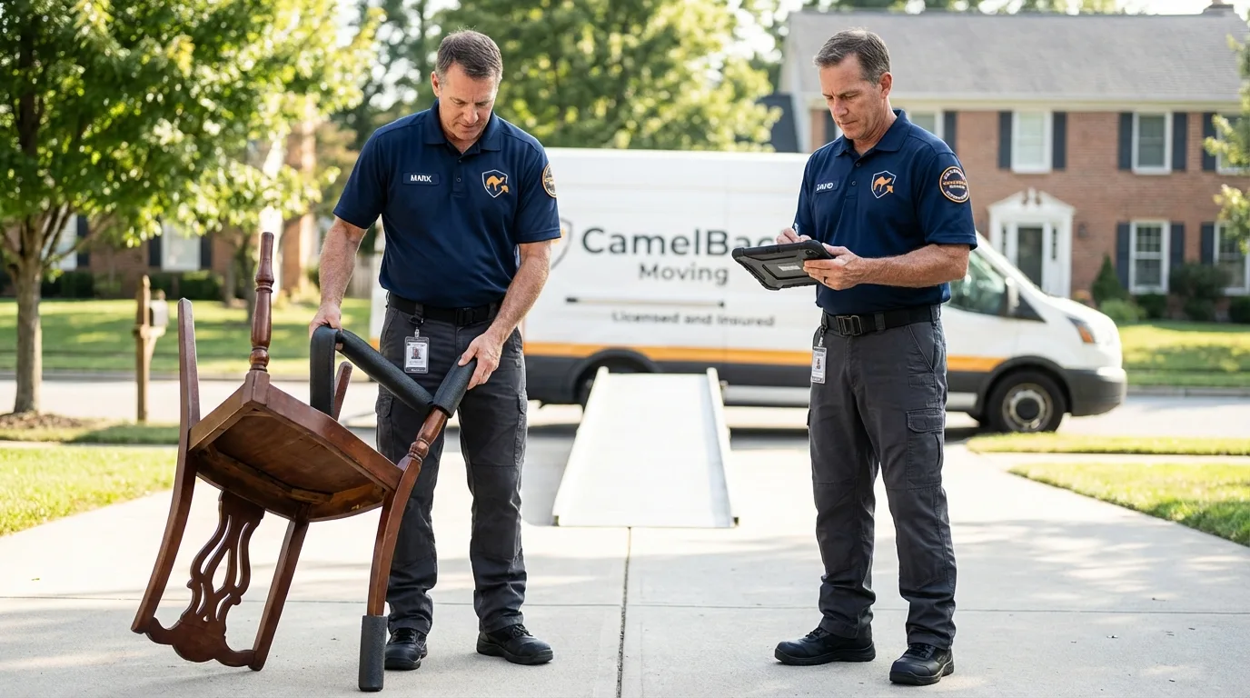 Movers inspecting furniture for damage prevention before loading in Homer, GA