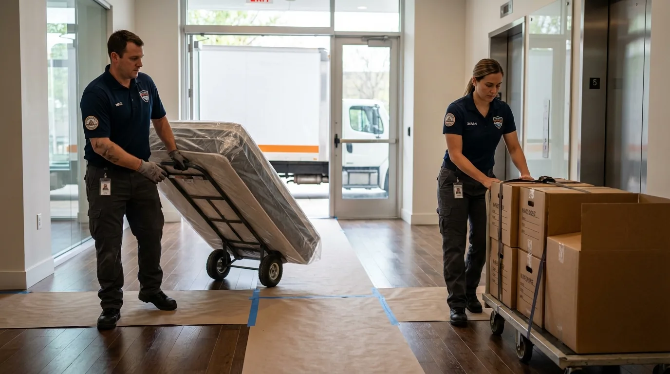 Professional apartment movers loading elevator in Homer, GA