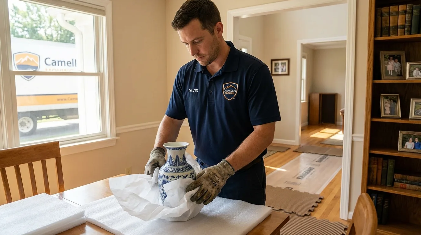 Professional crew carefully wrapping antique vase for senior downsizing move in Homer, GA